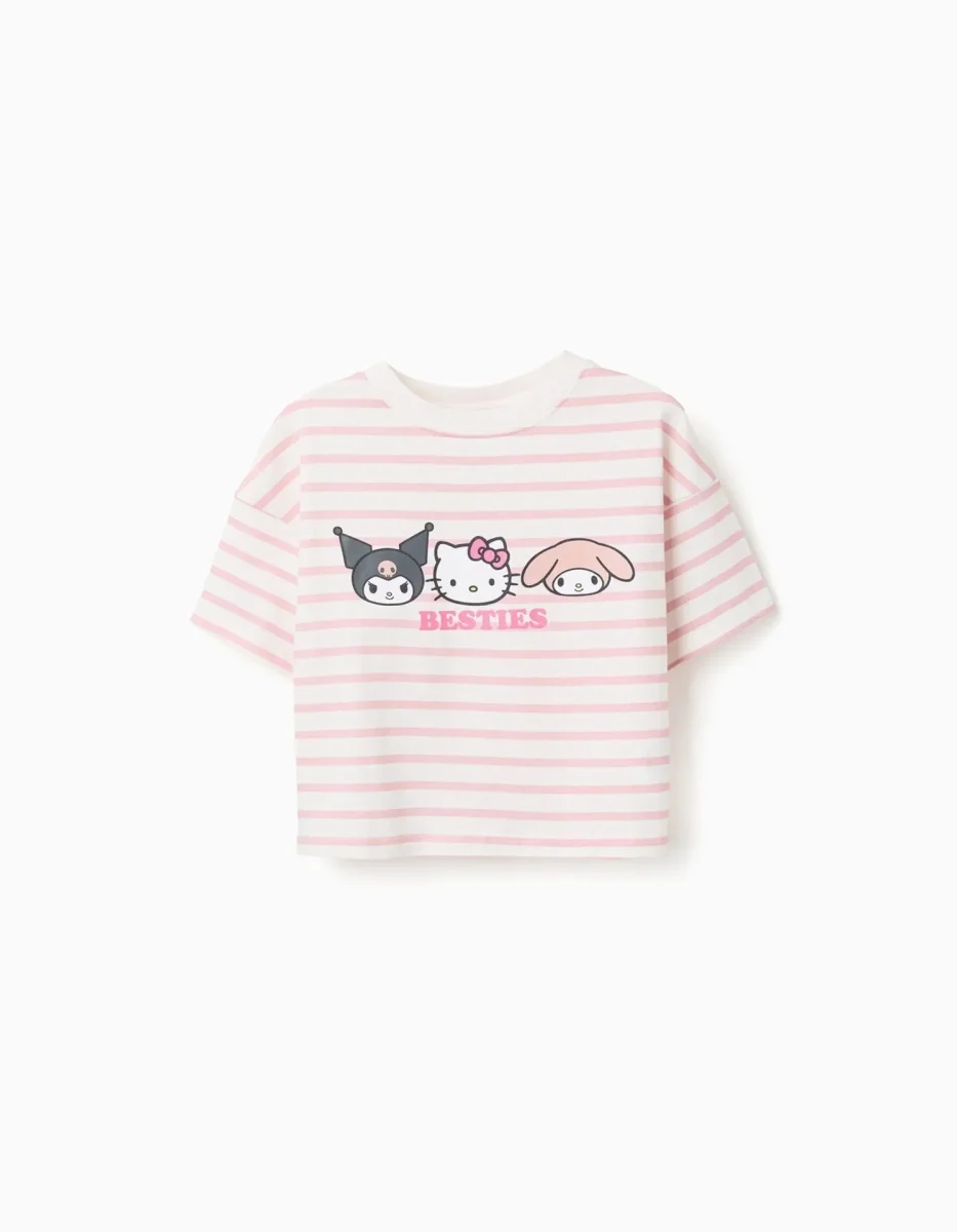 CAMISETA DE ALGODÓN RAYAS CON ESTAMPADO BESTIES PARA NIÑA ,BLANCO Y ROSA - Imagen 2