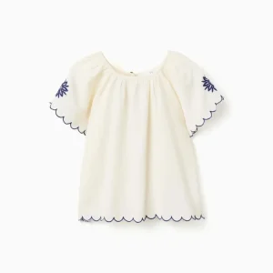 BLUSA ALGODÓN Y LINO CON FLORES PARA NIÑA,BEIGE CLARO AZUL